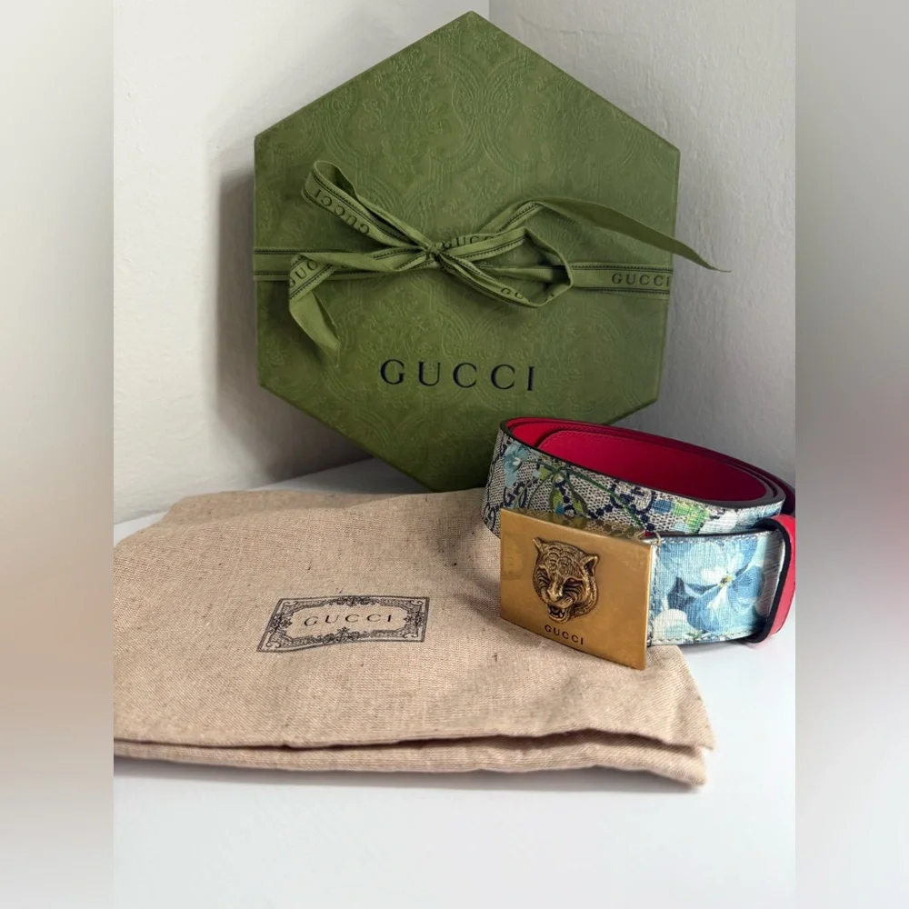 GUCCI GG Supreme Blooms Tiger Belt Size 34 - Picture 1 of 10